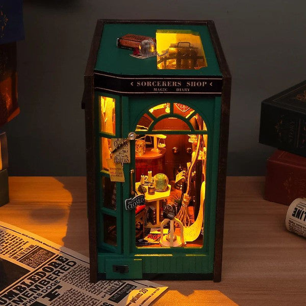 DIY Book Nook Insert Shelf Kit, Wooden Miniature Sorcerer's Shop Model, Magic Diary Casa Bookend Bookshelf Decor Gift
