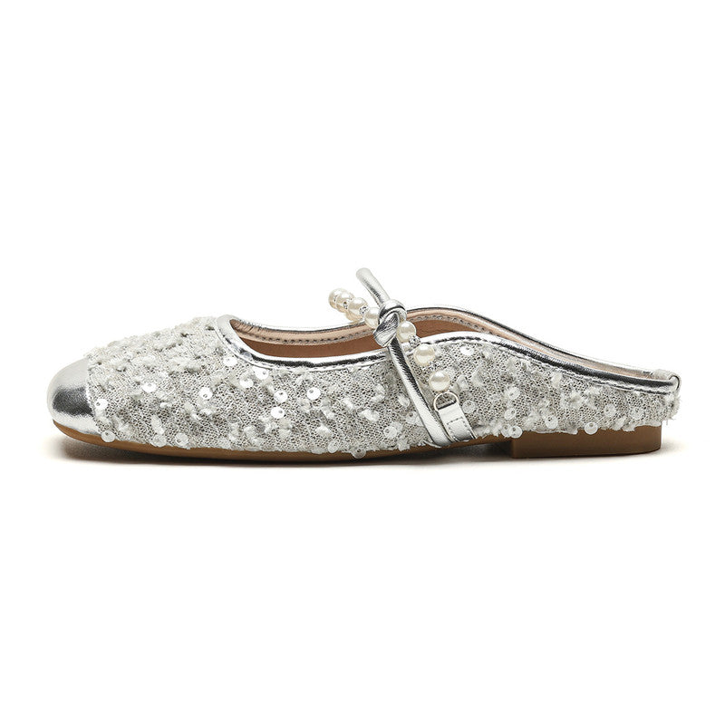 Ladies Casual Mules, Stylish Pearl Design Flat Shoes for Women, Comfortable Outdoor Slippers for Work & Party Wear